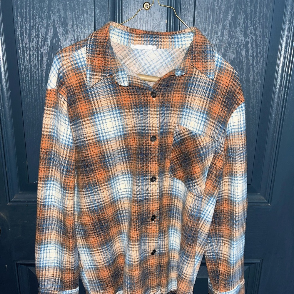 Zenana Outfitters Orange and Blue Plaid Shirt